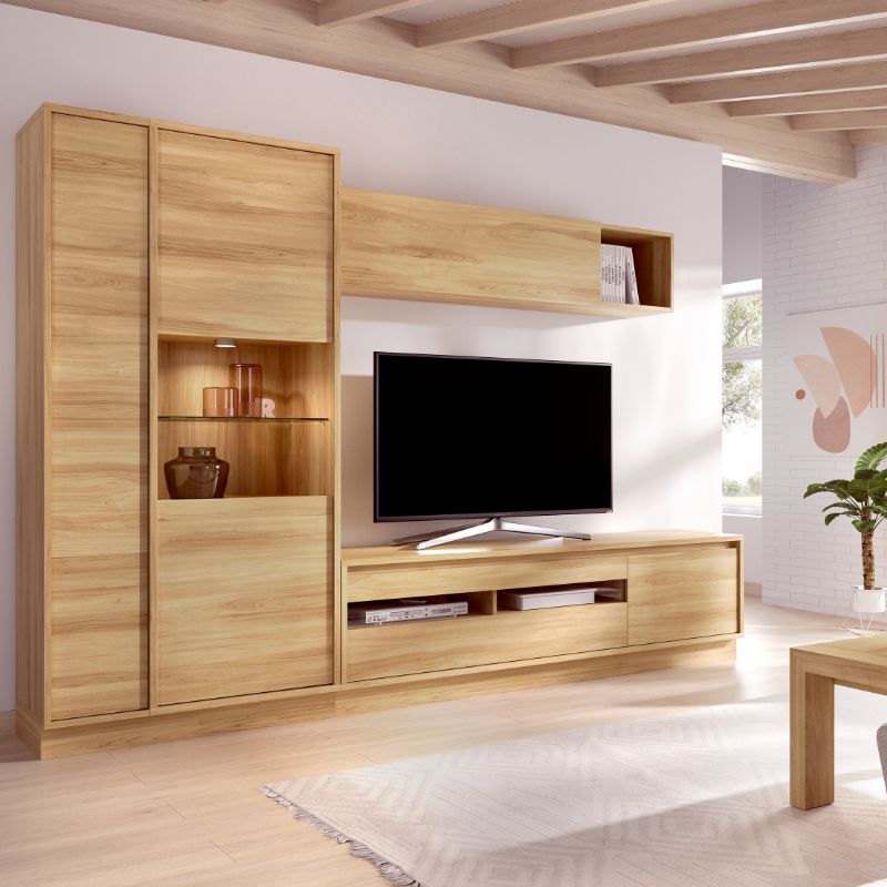 Composicion de salon moderna, comoda mesa TV y armarios con