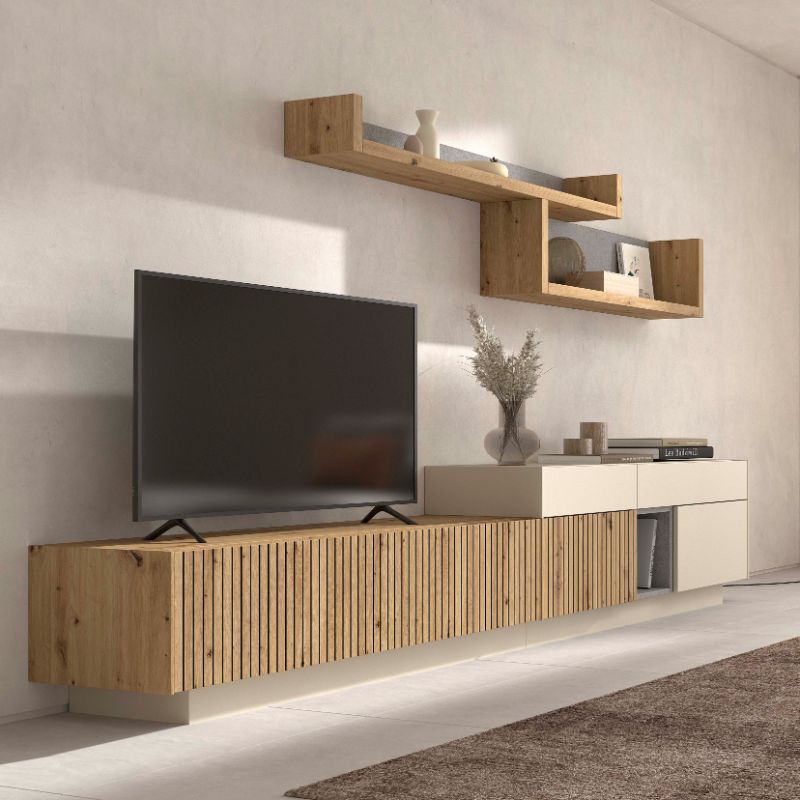 Mueble TV diseño industrial. extensible 140-170 cm, madera maciza