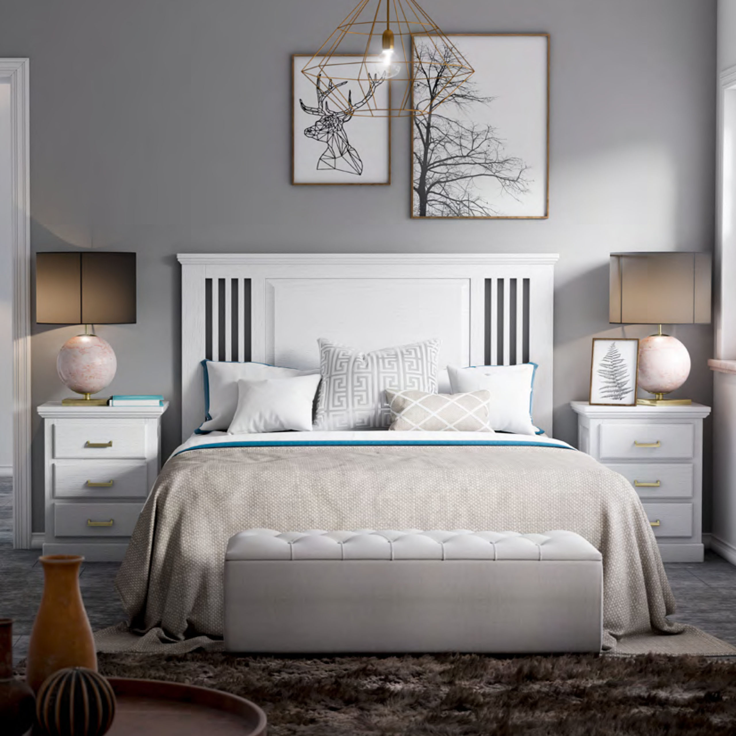 Cabecero de cama 2 mesitas color blanco y vintage dormitorio matrimonio  estilo moderno nordico cabezal para
