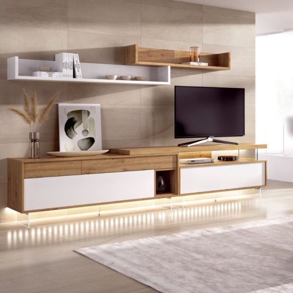 mueble de tv blanco y roble