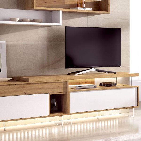 mueble de tv blanco y roble