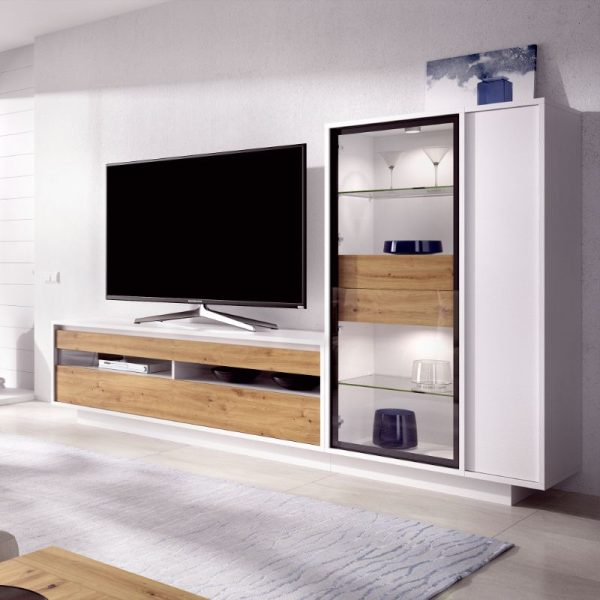 mueble de tv blanco y madera