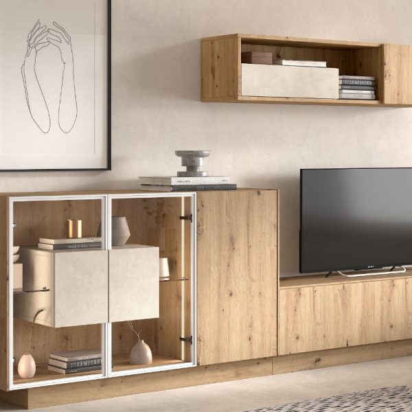 mueble tv roble vitrina